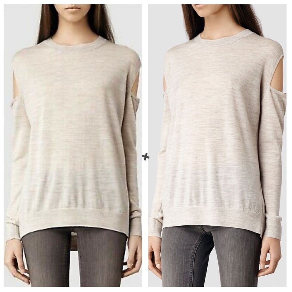 All Saints Elton Cream Merino Wool Sweater XS Cut Out Shoulder Lightweight